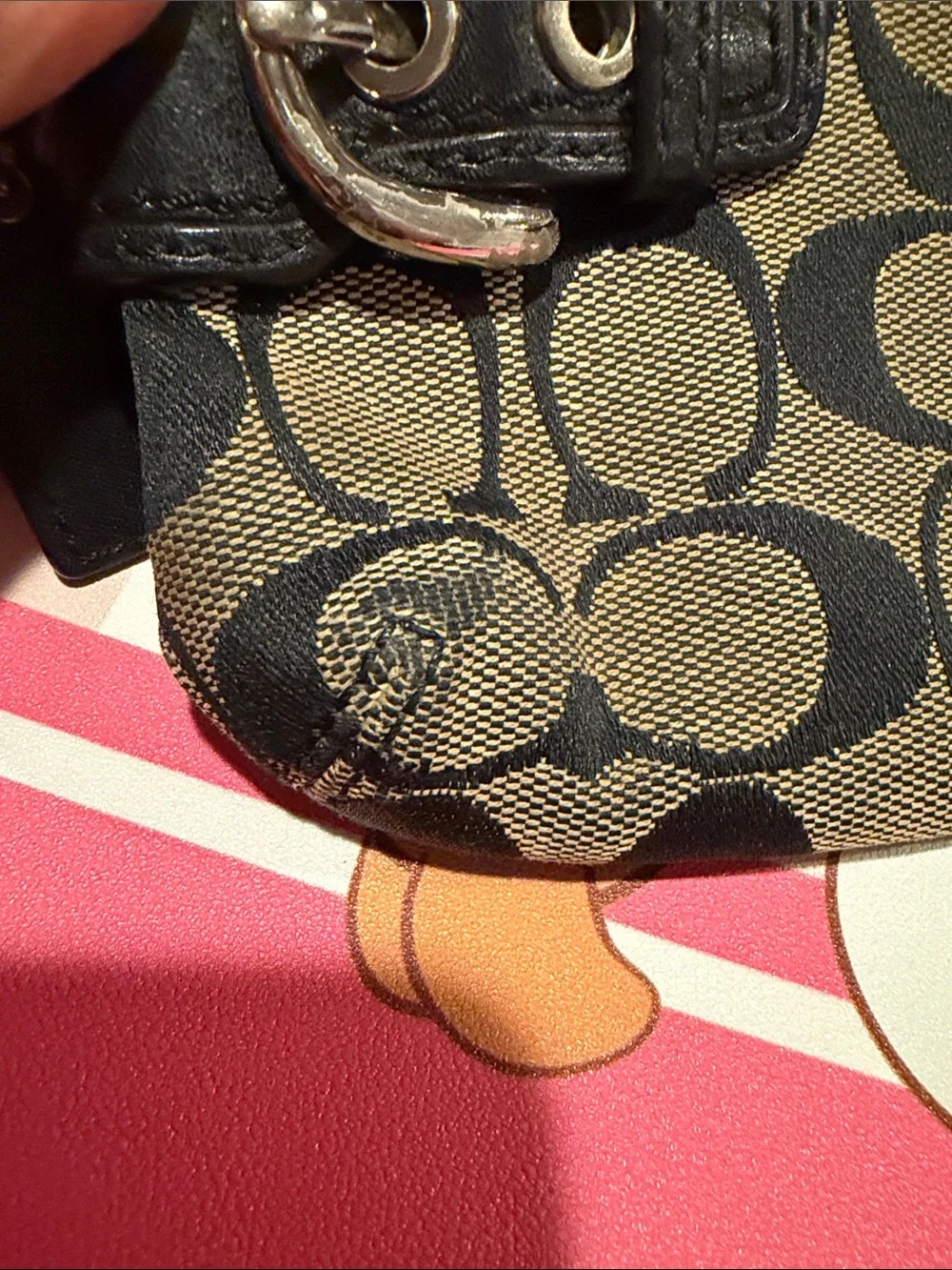 Coach Black & Tan Signature Canvas Wristlet with Buckle Accents